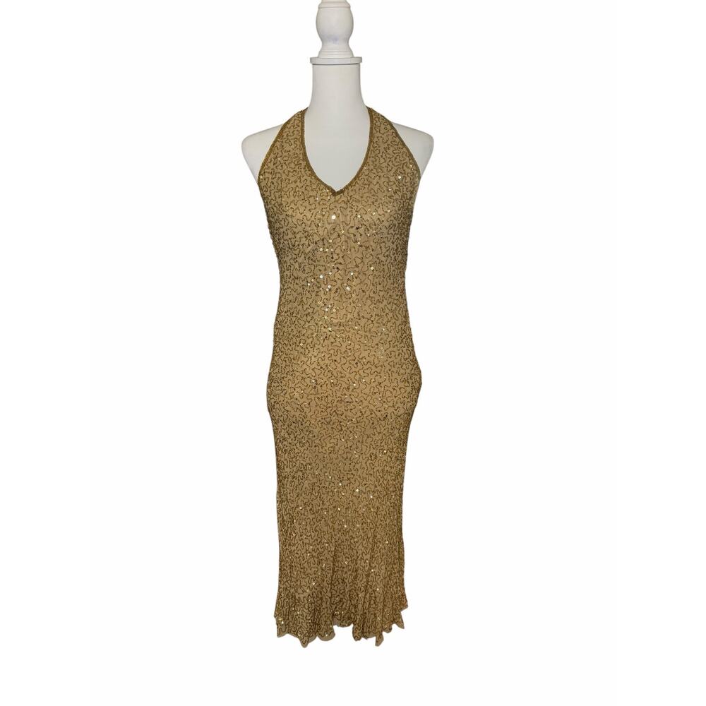 Vintage 90s Newport News Yellow Gold Beaded Sequin Midi Halter Dress Size 4